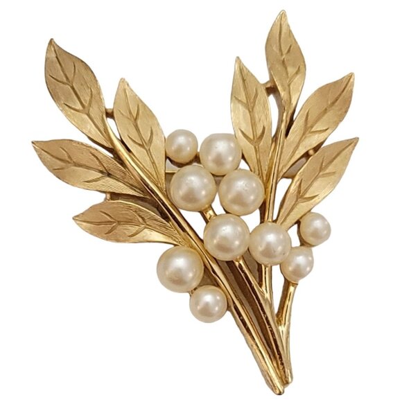 Trifari Crown Over T Gold Tone Faux Pearl Leaf Spray Brooch, Signed K123 - Picture 1 of 9